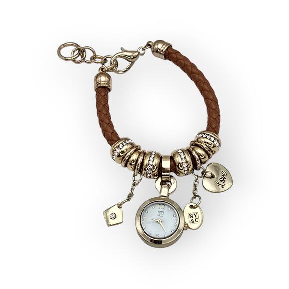 NY & Co Charm Bracelet Watch – Brown Braided Leather – Rhinestone Accents - Picture 9 of 9